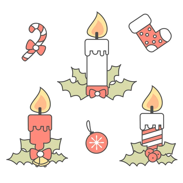 Lindo Vector Dibujos Animados Velas Navidad Otros Elementos Vacaciones Aislados — Vector de stock