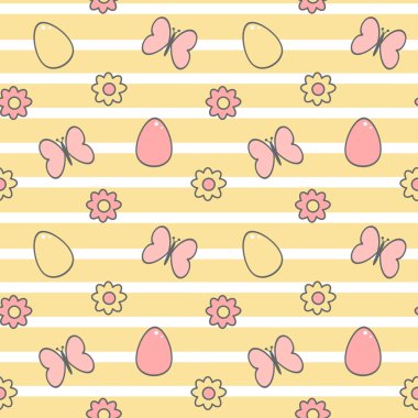 şirin renkli kesintisiz vektör desen arka plan illüstrasyon Paskalya yumurta, kelebekler ve papatya çiçekler