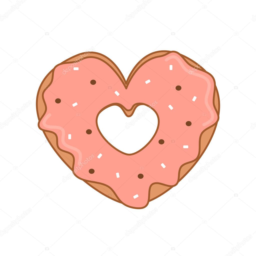 cute cartoon vector heart shaped donut with pink glaze  valentine illustration