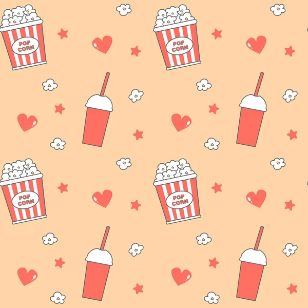 sevimli sevimli çizgi kesintisiz vektör desen arka plan illüstrasyon patlamış mısır ve içecekler ile