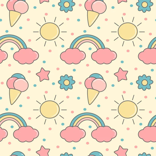 Cute Colorful Cartoon Seamless Vector Pattern Background Illustration Rainbows Sun — Stock Vector