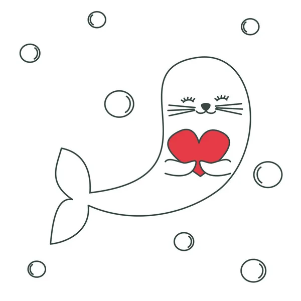 可爱可爱的卡通婴儿海豹与心脏情人节浪漫矢量插图 — 图库矢量图片