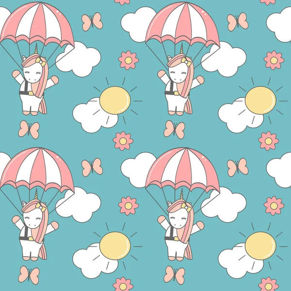 Cute Lovely Cartoon Unicorn Flying Parachute Funny Seamless Vector Pattern — Stock Vector