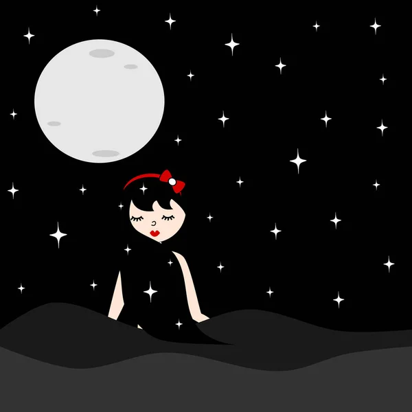 星と月のベクトル図の長い髪夜空かわいい素敵な女の子 — ストックベクタ