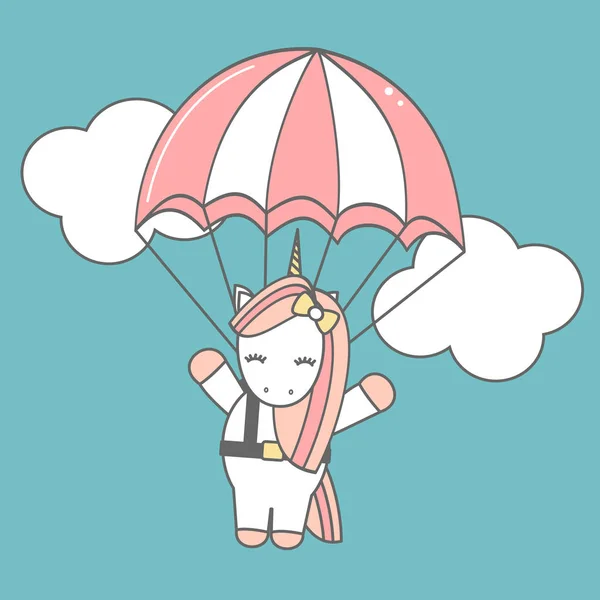 Bonito Lindo Desenho Animado Unicórnio Voando Com Paraquedas Engraçado Vetor —  Vetores de Stock