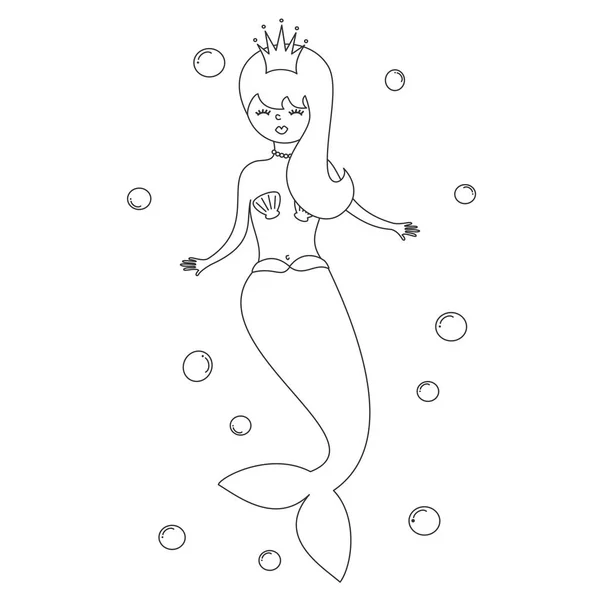 Cute Cartoon Black White Mermaid Vector Illustration Coloring Art — Stock Vector