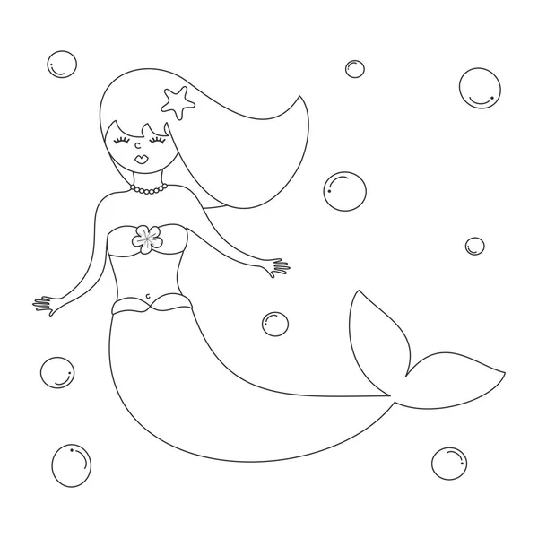 Cute Cartoon Black White Mermaid Bubbles Vector Illustration Coloring Art — Stock Vector