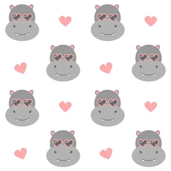 Lindo Hipopótamo Dibujos Animados Con Gafas Sol Corazón Sin Costuras — Vector de stock