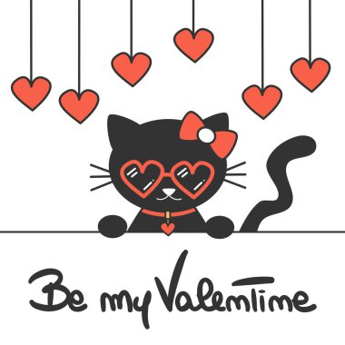 Sevgililer vektör kartım ile karikatür bebek siyah kedi kalp güneş gözlüklü şirin elle çizilmiş yazı olmak