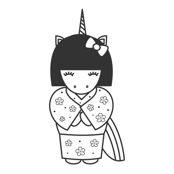 Gambar Lucu Kartun Hitam Dan Putih Unicorn Geisha Vektor Ilustrasi - Stok Vektor