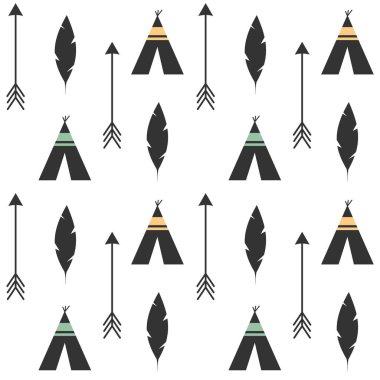 desen arka plan illüstrasyon vektör şirin tüyler, oklar ve teepee etnik kabile sorunsuz