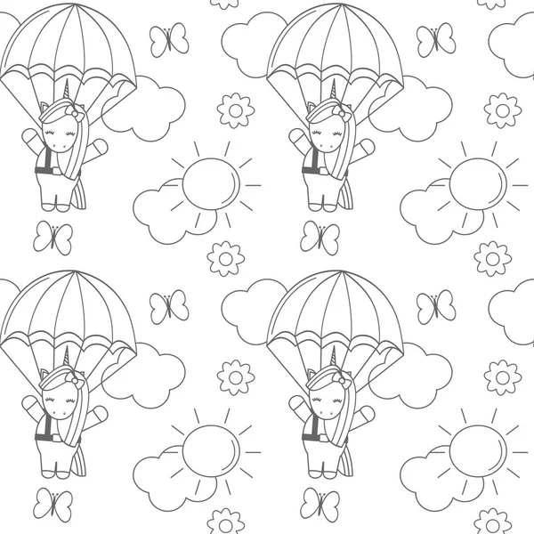 Lindo Precioso Unicornio Dibujos Animados Blanco Negro Volando Con Paracaídas — Vector de stock