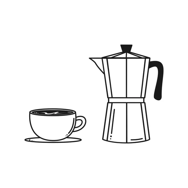 Café Noir Blanc Moka Pot Avec Illustration Vectorielle Tasse — Image vectorielle