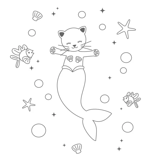 可爱的卡通黑色和白色美人鱼猫下的海矢量有趣的插图着色艺术 — 图库矢量图片