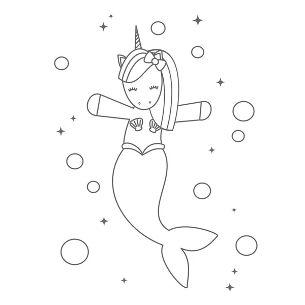 Roztomilý Kreslený Černou Bílou Jednorožec Mořská Panna Moři Vektorové Ilustrace — Stockový vektor