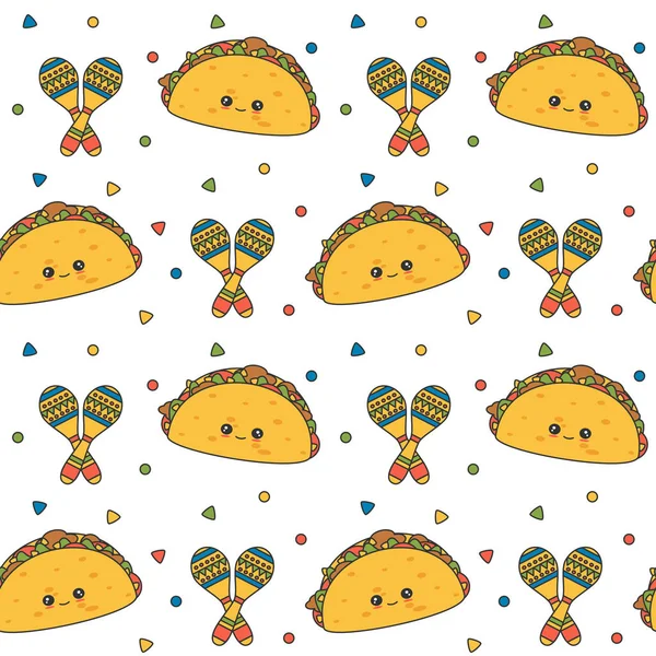 メキシコのタコスとマラカスかわいい素敵な漫画シームレスなベクトル パターン背景イラスト — ストックベクタ
