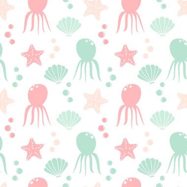 sevimli güzel yaz Dikişsiz vektör desen arka plan illüstrasyon ahtapot, kabukları ve starfishes ile