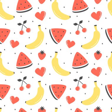 tatlı taze yaz meyve sorunsuz vektör desen arka plan illüstrasyon muz, kiraz, çilek ve karpuz dilimi ile