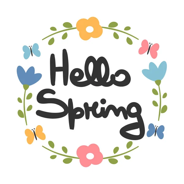 Ładna Ręcznie Rysowane Napis Hello Karty Wektor Wiosna Kwiatów Motyli — Wektor stockowy