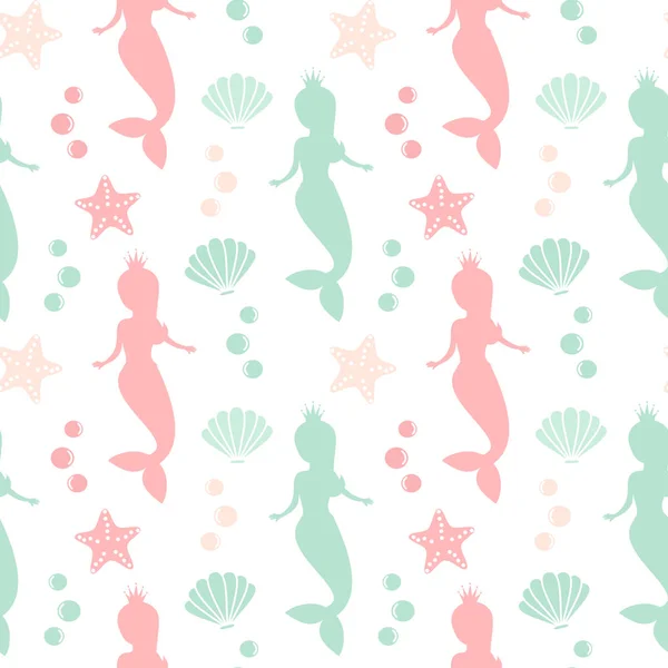 可爱可爱的夏季无缝矢量图案背景插图与美人鱼 贝壳和海星 — 图库矢量图片