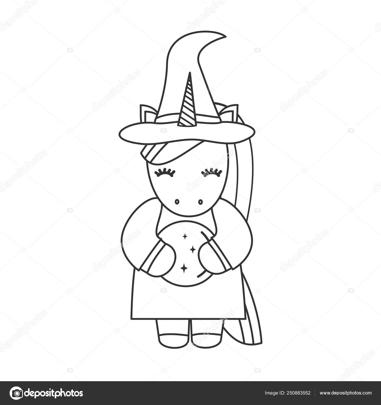 Vetor do Stock: Coloring page. Black and white vector illustration with  happy pumpkin in witch hat. Lettering `Happy Halloween`.