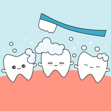 sevimli çizgi karakter mutlu dişler ağız bir diş fırçası vektör konsept illüstrasyon ile temizlenir