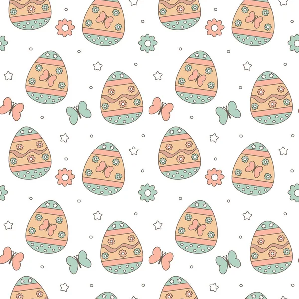 Милый Красочный Пасхальный Бесшовный Векторный Рисунок Фон Иллюстрации Яйцами Цветами — стоковый вектор