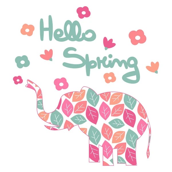 Cute Hand Drawn Lettering Hello Spring Vector Card Flowers Leaves — Stock Vector