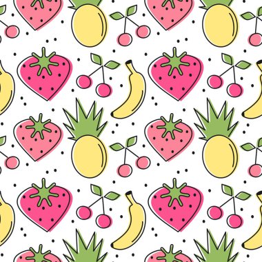sevimli güzel kalp çilek, kiraz, ananas ve muz Dikişsiz desen arka plan illüstrasyon vektör