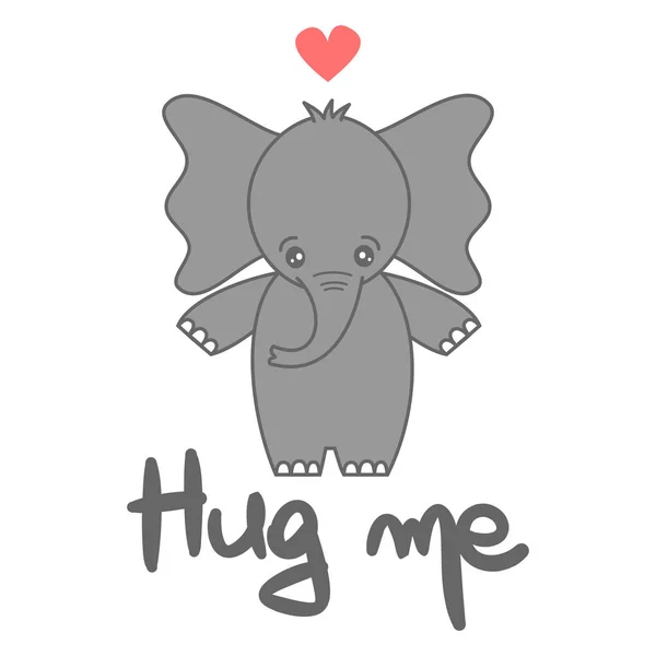 cute vector hand drawn lettering hug me card with cartoon lovely baby elephant