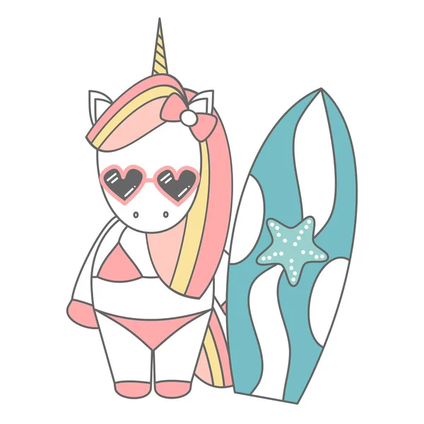 Schattige Cartoon Unicorn Surfer Grappige Zomer Vectorillustratie — Stockvector