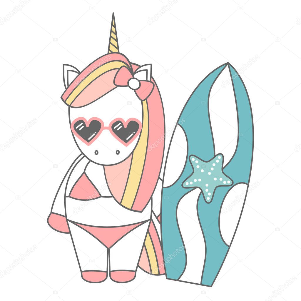 cute cartoon unicorn surfer funny summer vector illustration