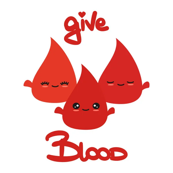 Desenho Animado Bonito Doação Sangue Conceito Vetor Ilustração Com Gotas — Vetor de Stock
