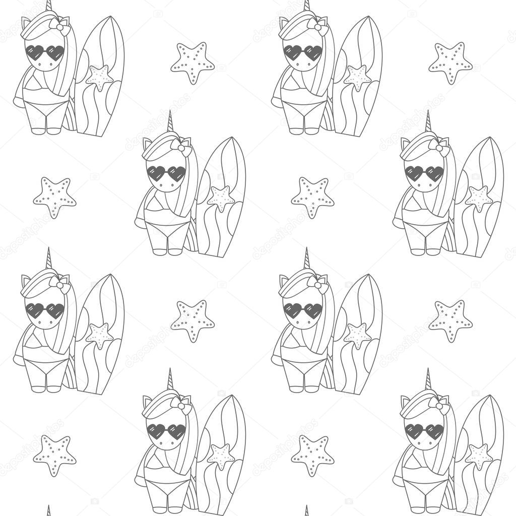 cute cartoon black and white unicorn surfer funny summer seamless vector pattern background illustration