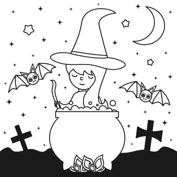 かわいい若い漫画の魔女は 着色芸術のための夜のハロウィーンベクトル黒と白のイラストで大釜でポーションを調理します — ストックベクタ