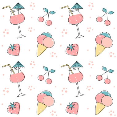 kokteyl içecekleri, çilek, kiraz ve dondurma ile sevimli yaz dikişsiz vektör desen arka plan illüstrasyon