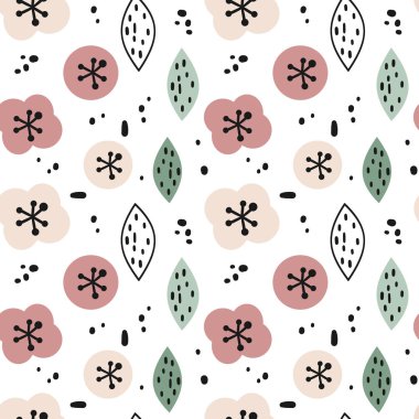 soyut el çizilmiş çiçekler, yapraklar ve siyah şekiller ile sevimli modern dikişli vektör desen arka plan illüstrasyon