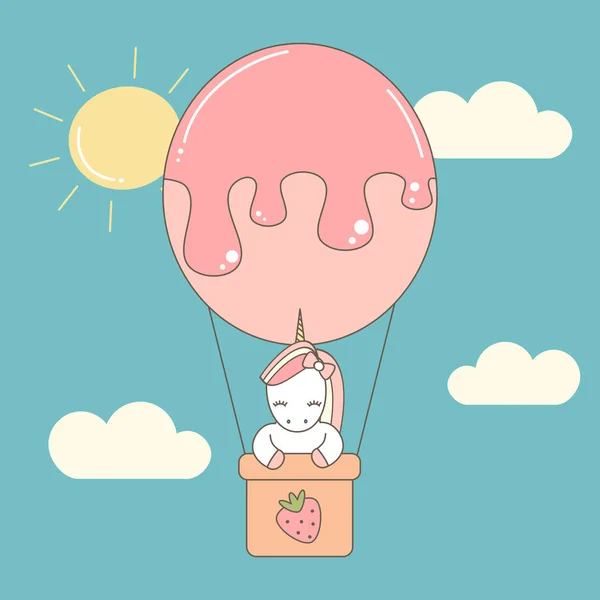 Leuke Cartoon Unicorn Vliegen Met Lucht Ballon Hemel Vector Platte — Stockvector