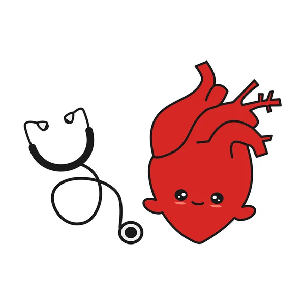 Cute Cartoon Happy Human Heart Stethoscope Flat Vector Concept Illustration — Stock Vector