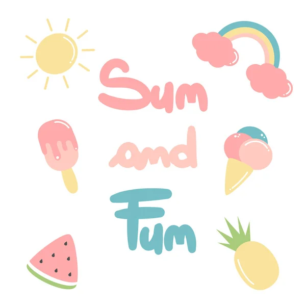 夏の要素を持つ手描きのレタリング太陽と楽しい引用ベクトルイラスト — ストックベクタ