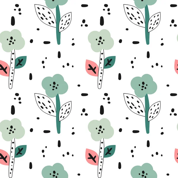 cute background with abstract hand drawn flowers, leaves and black shapes