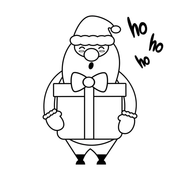 Cute Lovely Black White Cartoon Vector Santa Claus Big Gift — Stock Vector