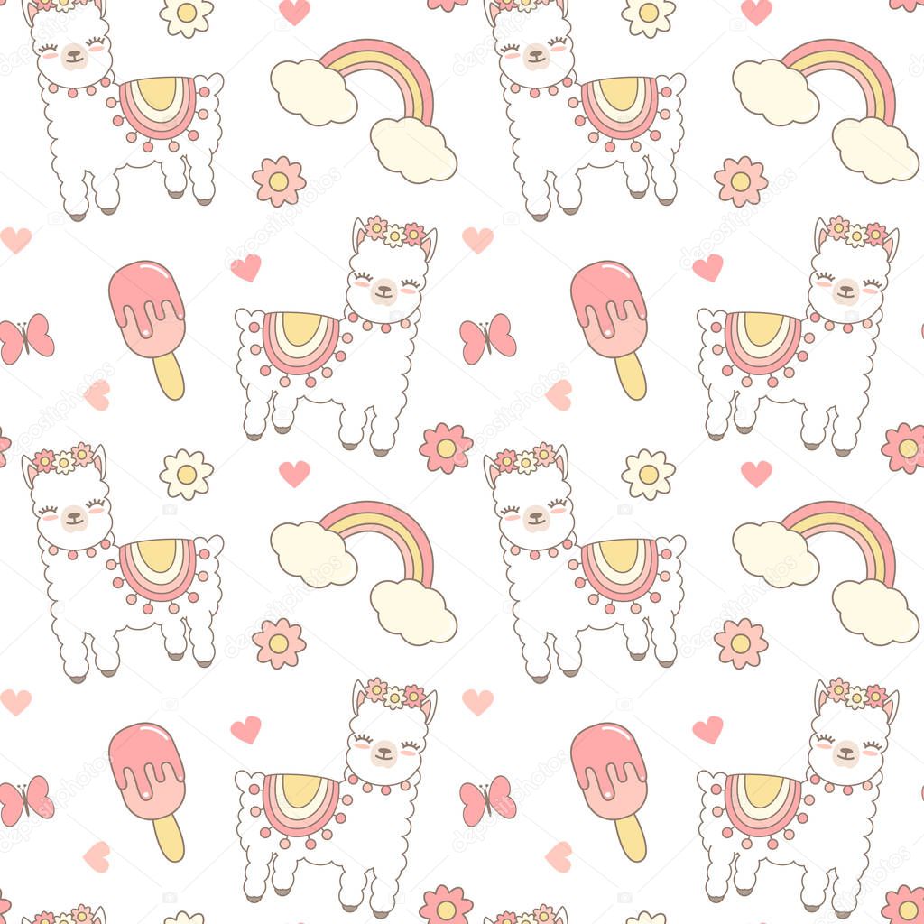 cute cartoon seamless vector pattern background illustration with lama alpaca, ice cream, rainbow, hearts, flowers and butterflies