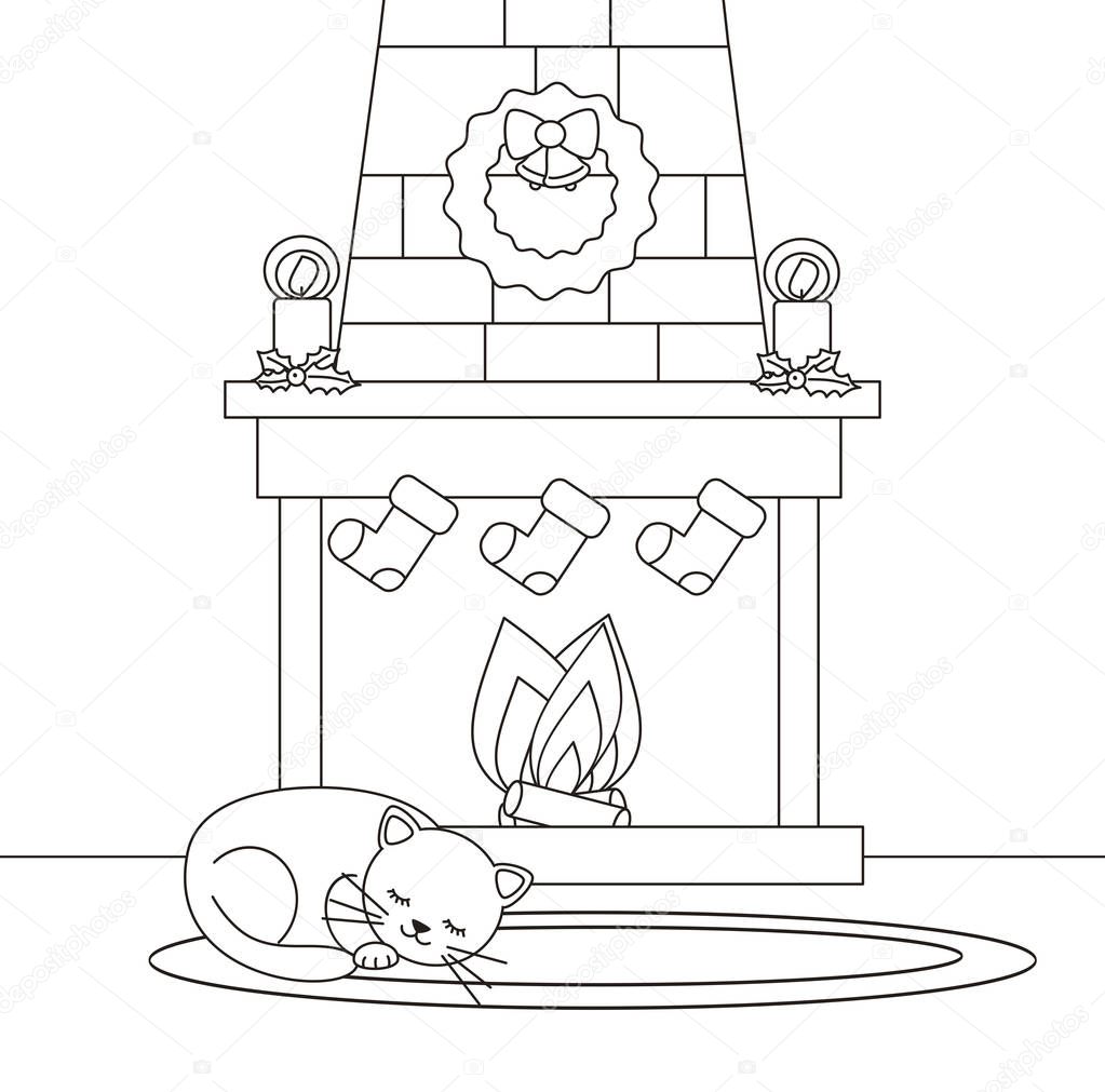 Камин и кошка контур