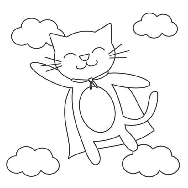 Dessin Animé Mignon Noir Blanc Super Chat Héros Volant Dans — Image vectorielle