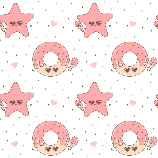 Cute Summer Cartoon Seamless Vector Pattern Background Illustration Donut Starfish — Stock Vector