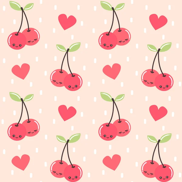 Cute Cartoon Cherries Character Seamless Vector Pattern Background Illustration — Stock Vector