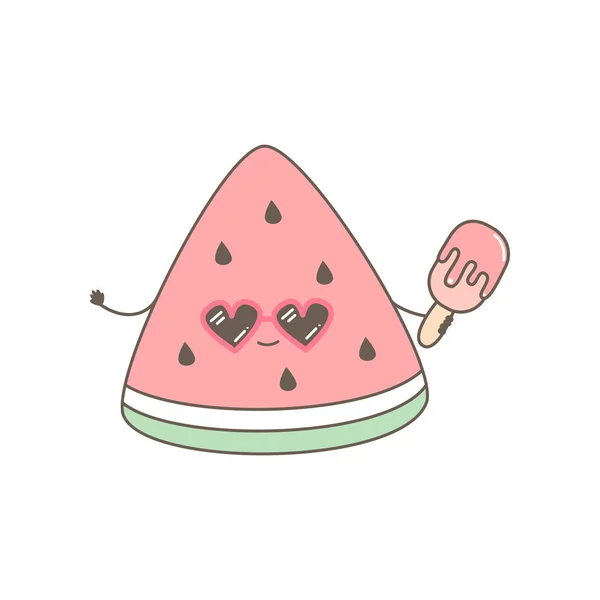 Cute Cartoon Vector Watermelon Character Ice Cream Funny Summer Illustration — Stock Vector