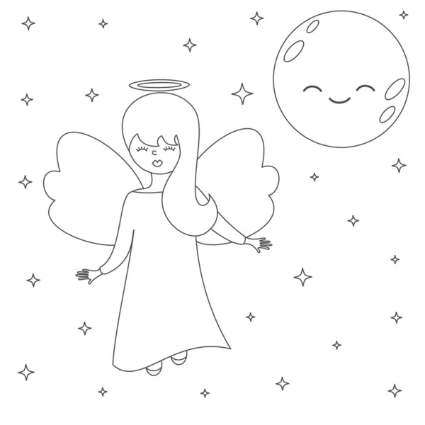 Милый Прекрасный Векторный Ангел Мультфильма Небе Луной Звездами Черно Белая — стоковый вектор