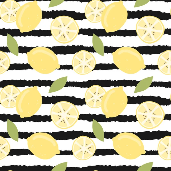 かわいい美しい現代の夏シームレスなベクトルパターンイラストと黒と白のストライプの背景に手描きレモン — ストックベクタ